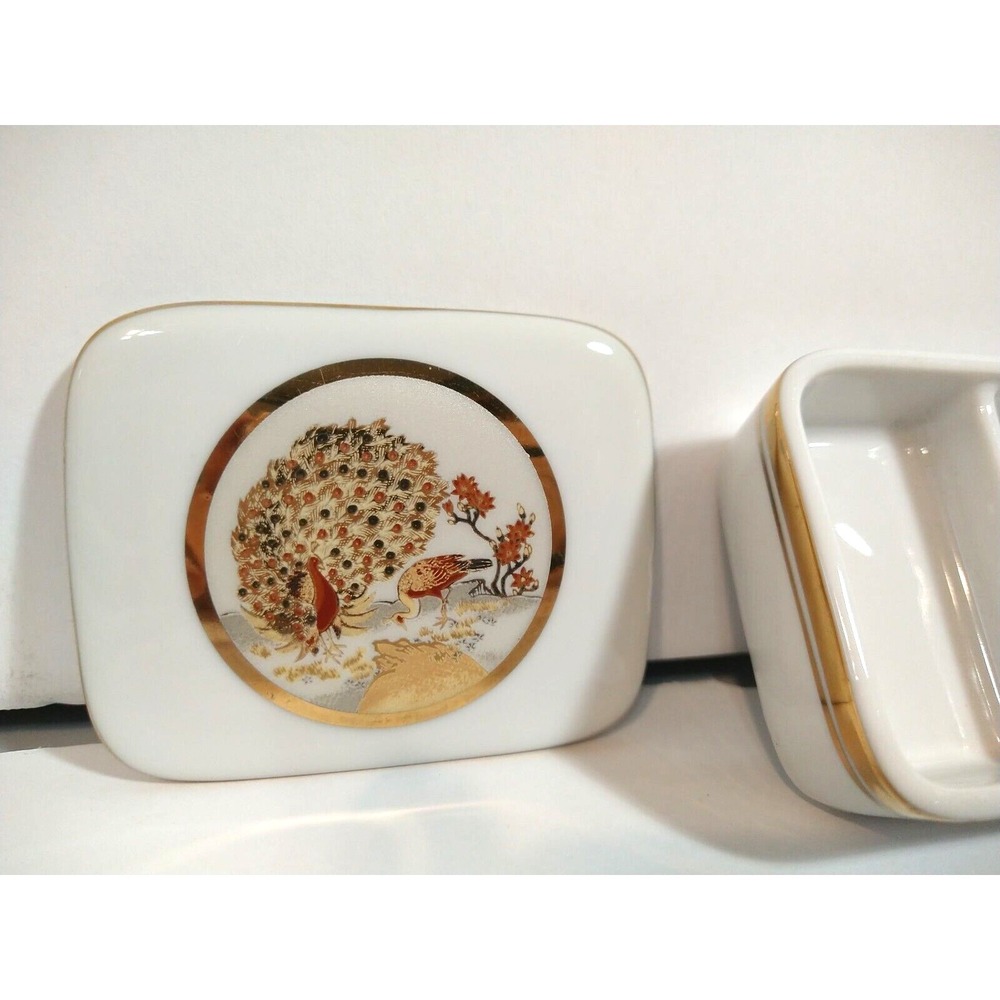 Chokin 24kt Gold Trinket Jewelry Box Gold Peacocks 2 Compartments 3.5" Marked